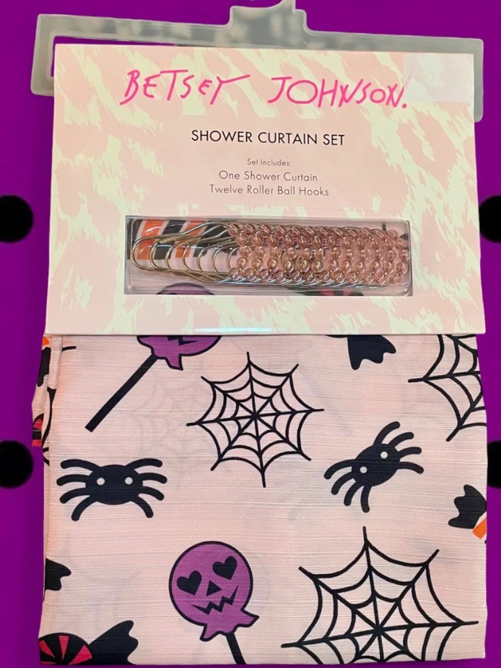 NWT Betsey Johnson Pink Halloween Spooky Spider & Candy Shower Curtain Set